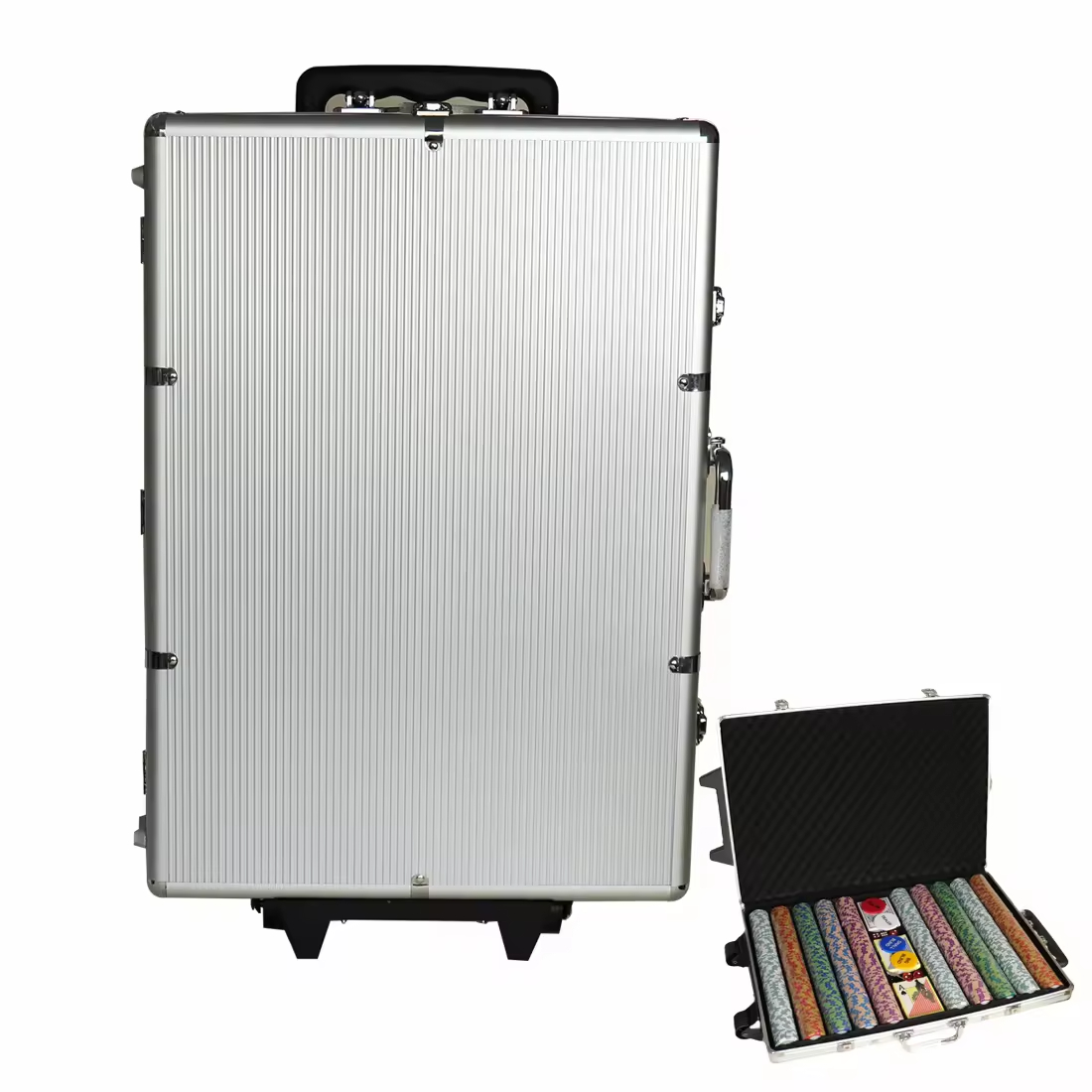 A large, closed silver aluminum case with a handle and an open smaller aluminum case displaying colorful poker chips inside.