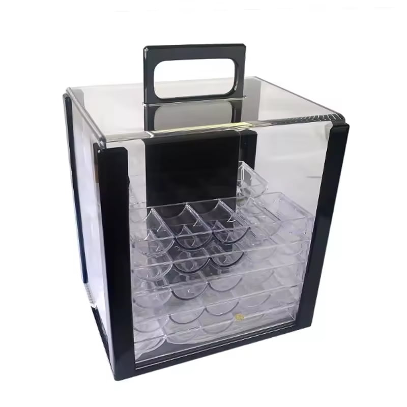 A transparent acrylic storage case with a black handle and frame, featuring multiple compartments inside for holding items.