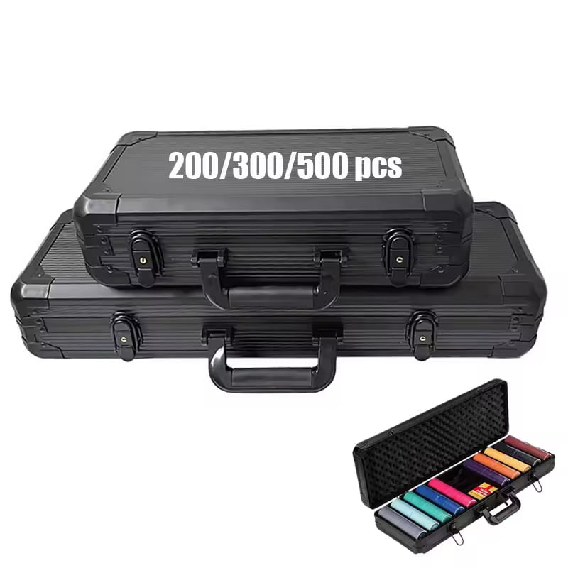 Two black hard - shell cases with the text "200/300/500 pcs" on the top one, and an open case showing colorful poker chips inside.