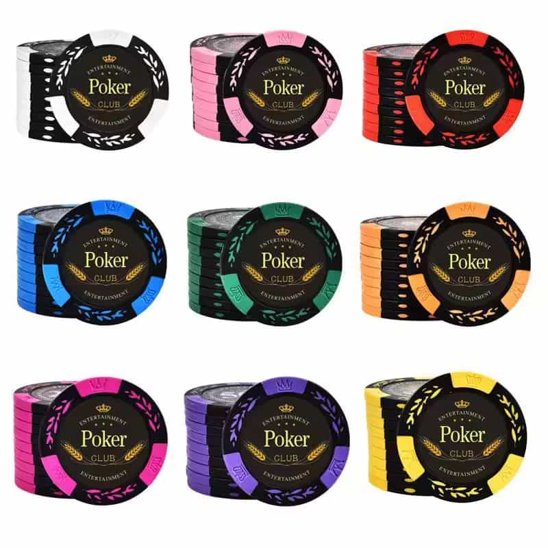 A set of colorful poker chips labeled "Poker Club", arranged in three rows of three stacks each.