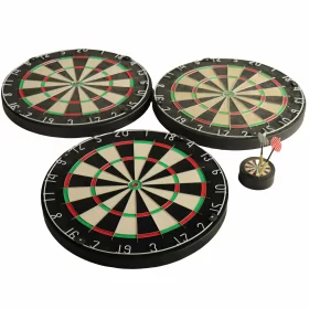 Kenya-sisal-professional-dartboard-custom-branding Three dartboards of varying sizes (Kenya / Brazil / China Sisal)and a mini dartb holder with darts stuck in it.