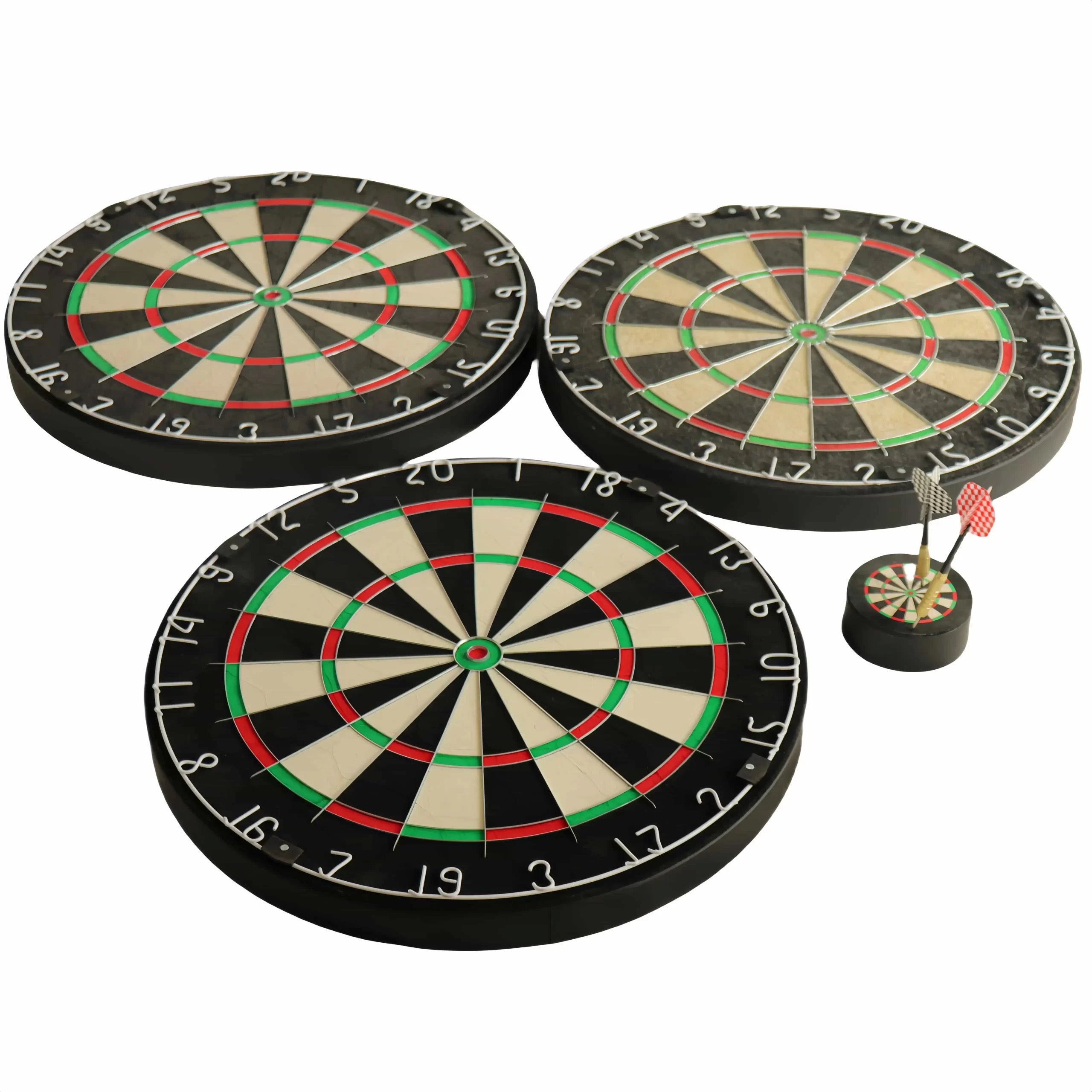 Kenya-sisal-professional-dartboard-custom-branding Three dartboards of varying sizes (Kenya / Brazil / China Sisal)and a mini dartb holder with darts stuck in it.
