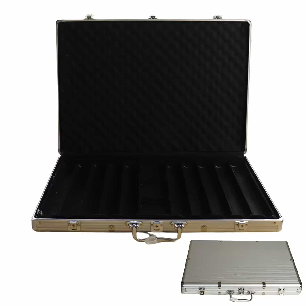 An open aluminum case with black foam interior compartments and a closed aluminum case of the same style.
