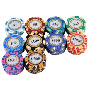 A collection of colorful poker chips labeled "Monte Carlo Poker Club" with various denominations, arranged in an orderly manner.